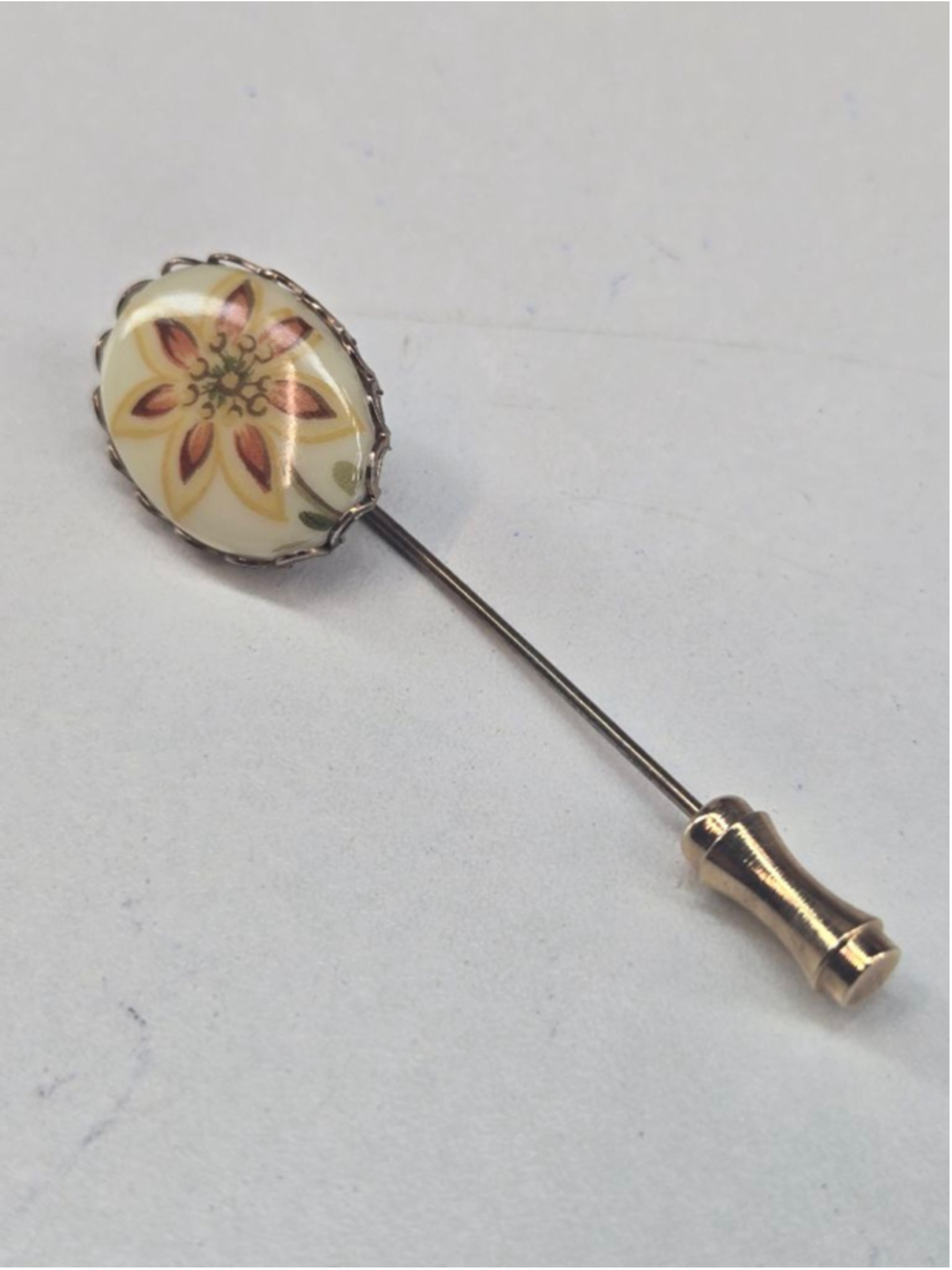 Lenox Stick Pin Cream & Orange Floral Women's Brooch 14k Gold Plated Vintage - Picture 4 of 9